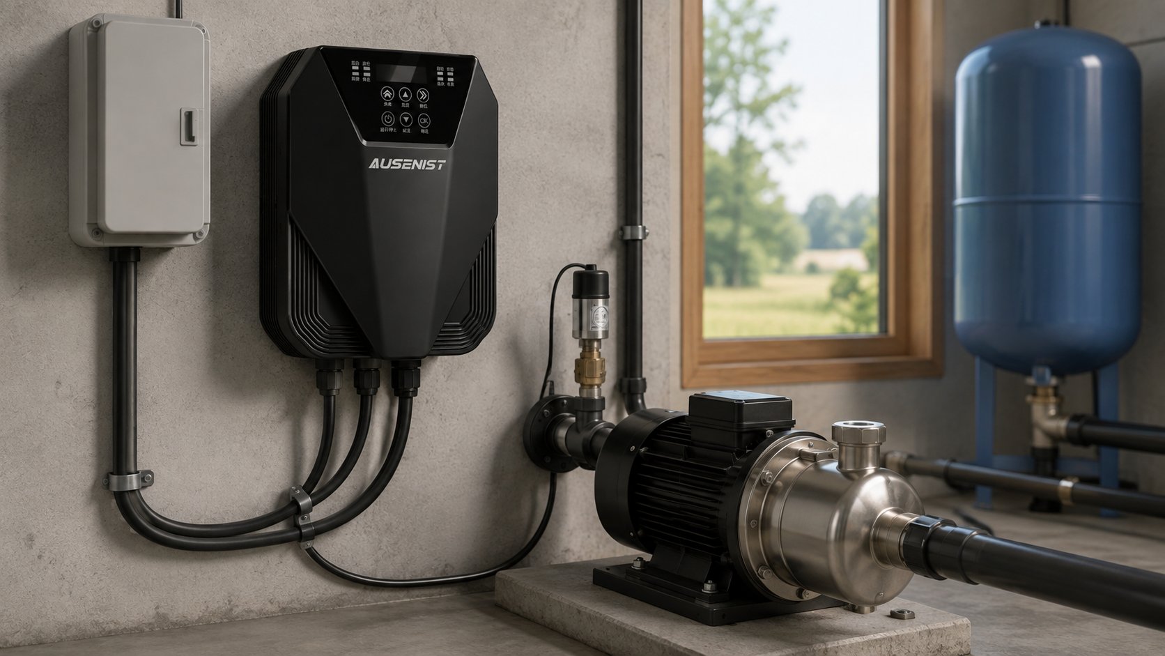 AUSENIST VFD controlling a water pump from a single-phase utility installation