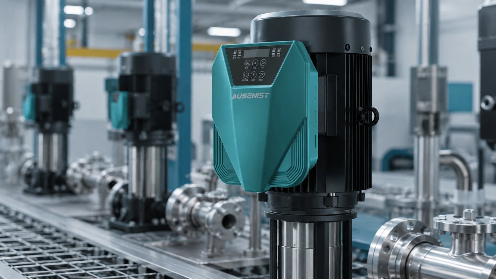 AUSENIST pump-mounted VFD integrated with a vertical water pump