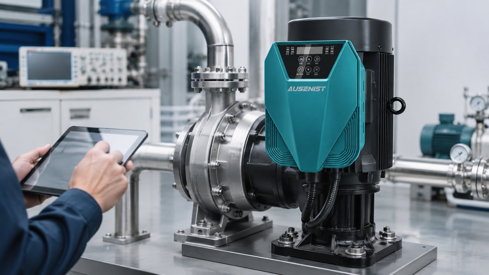 AUSENIST pump-mounted VFD during PMSM water pump commissioning
