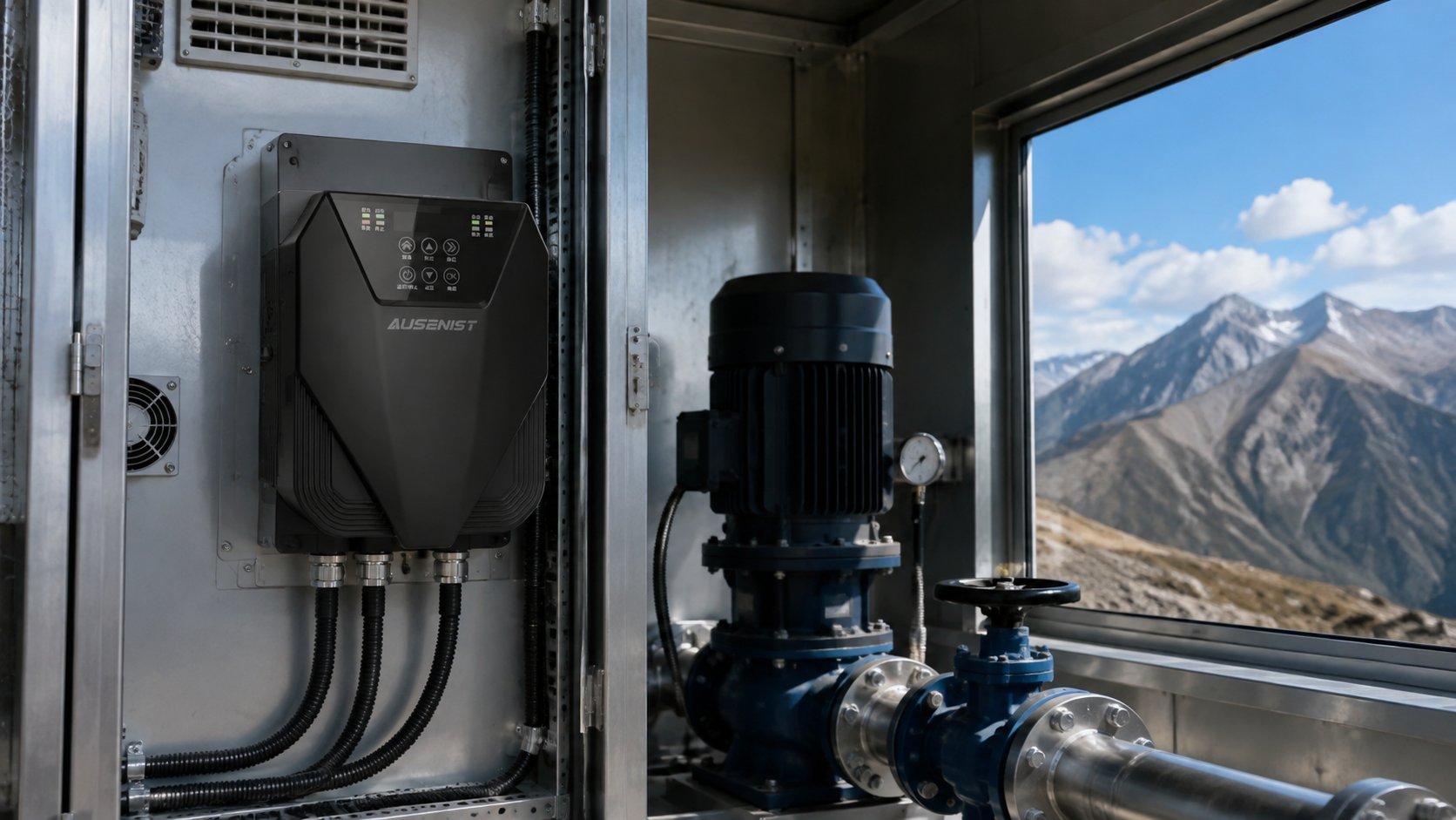 AUSENIST water pump VFD installed in a protected high-altitude pump station