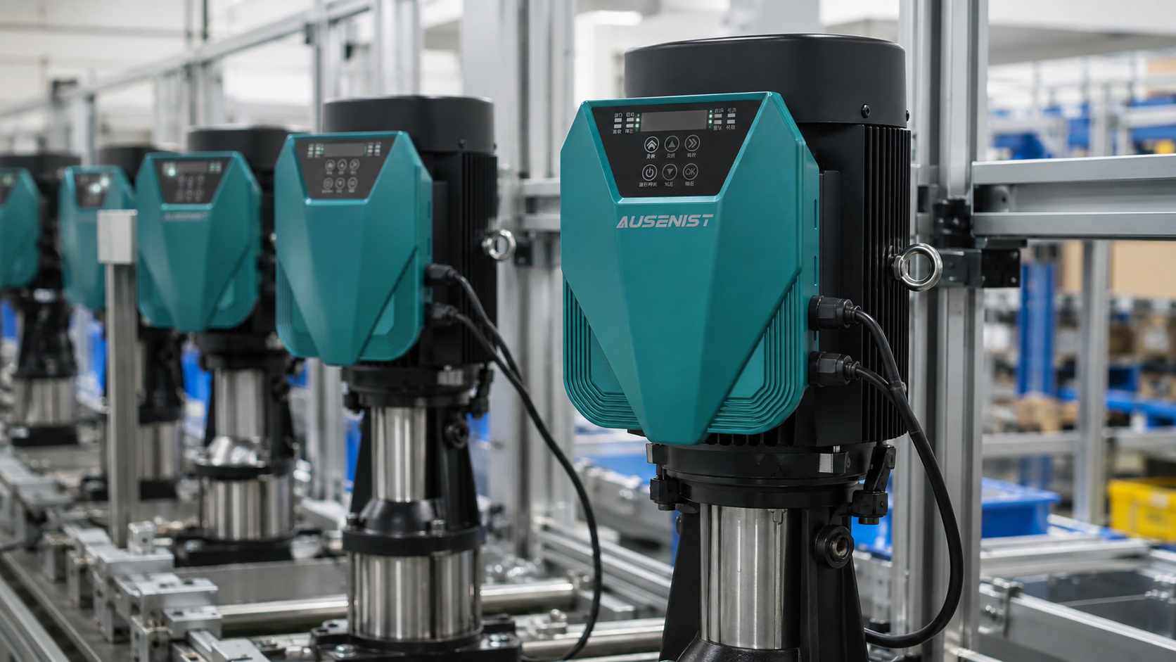 AUSENIST pump-mounted VFD on an OEM water pump production line