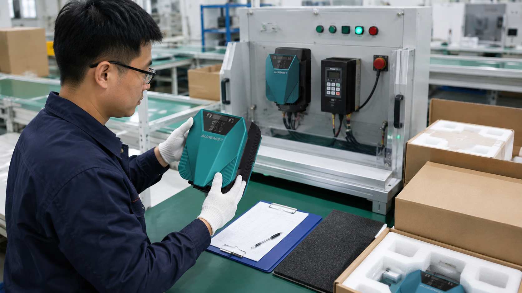 AUSENIST pump VFD products undergoing documentation and packing checks for export