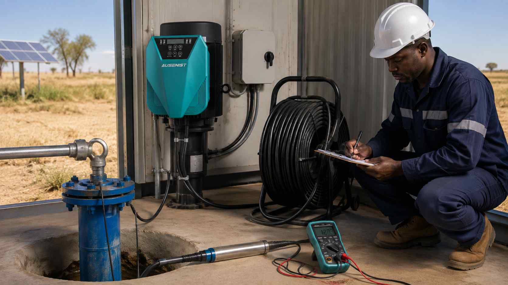 AUSENIST VFD installed for a deep-well pump project with documented cable and protection data