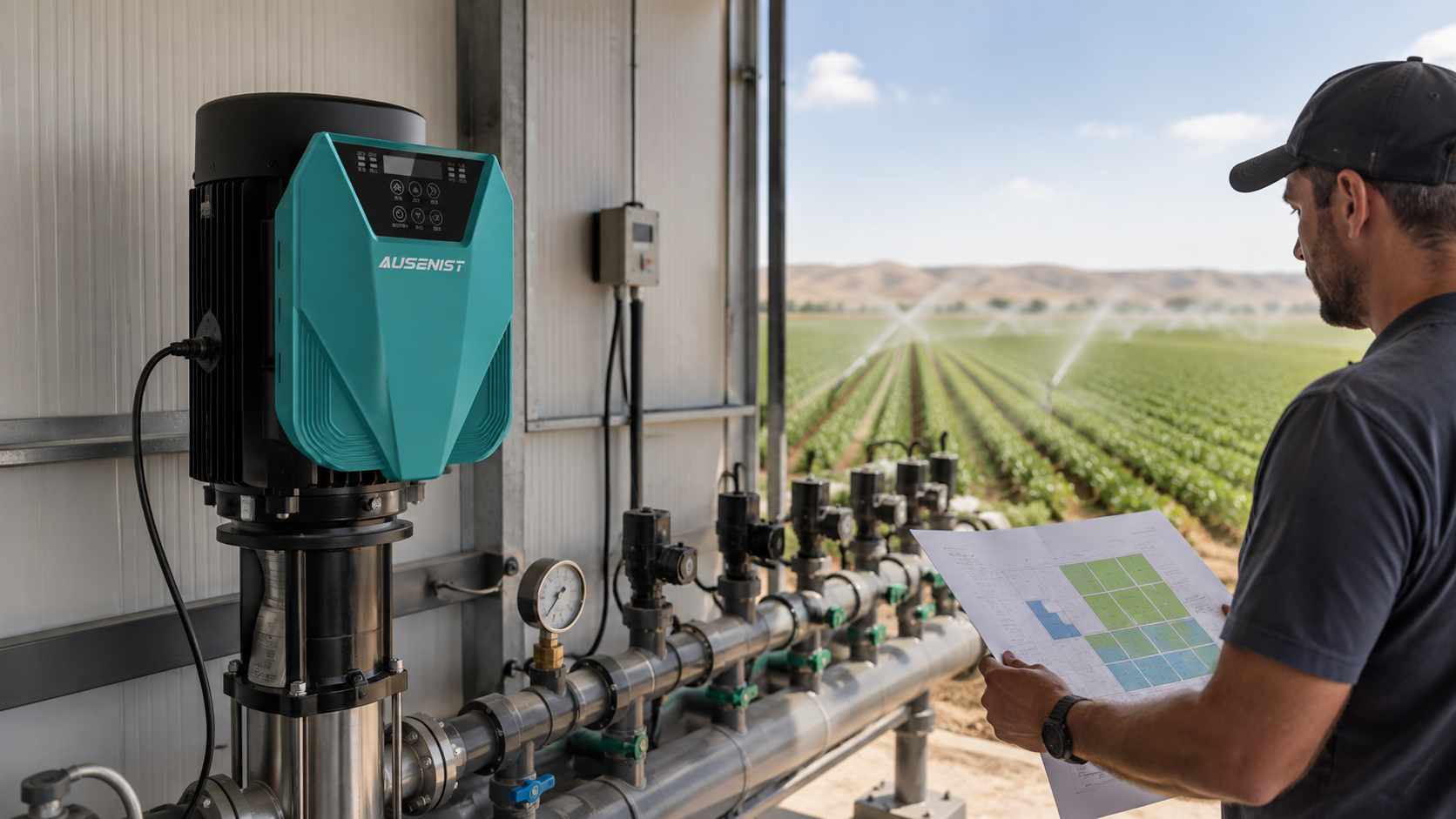 AUSENIST pump VFD controlling an irrigation manifold with several operating zones