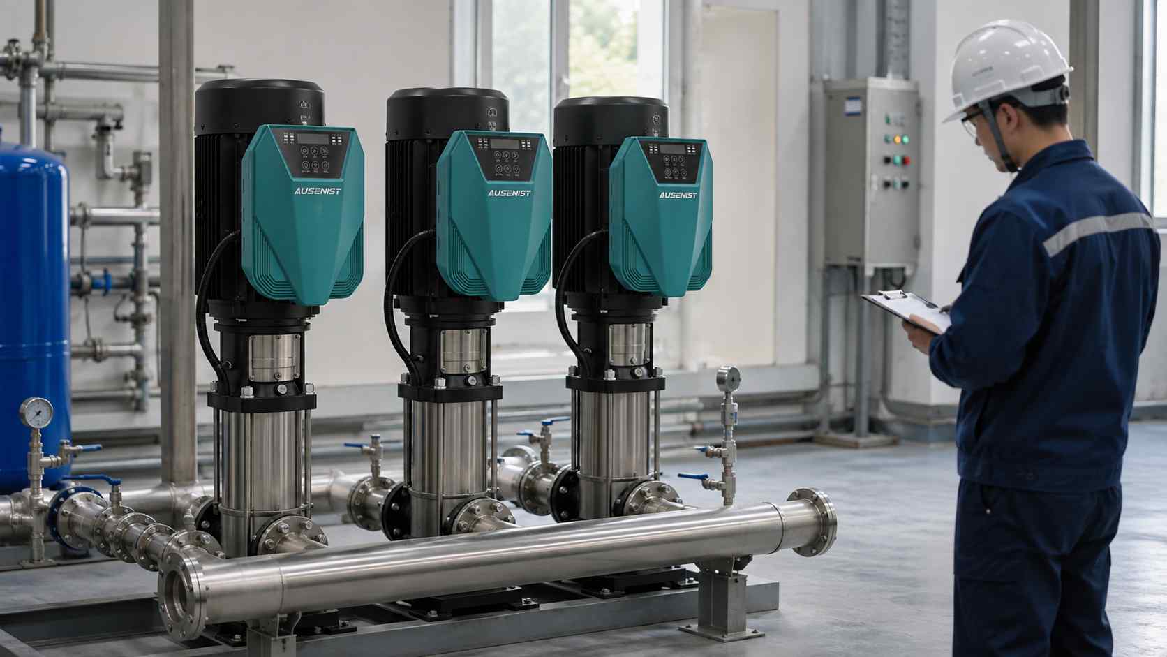 AUSENIST VFDs controlling a multi-pump booster package during project engineering