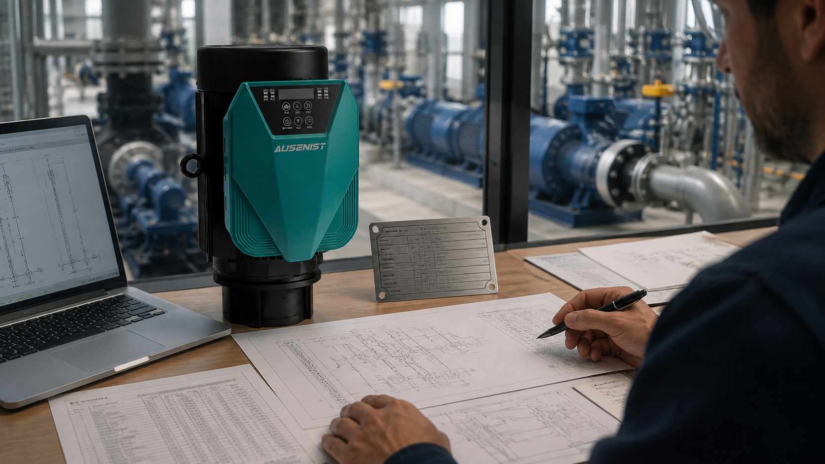 AUSENIST pump VFD beside engineering drawings and an I/O schedule for project quotation