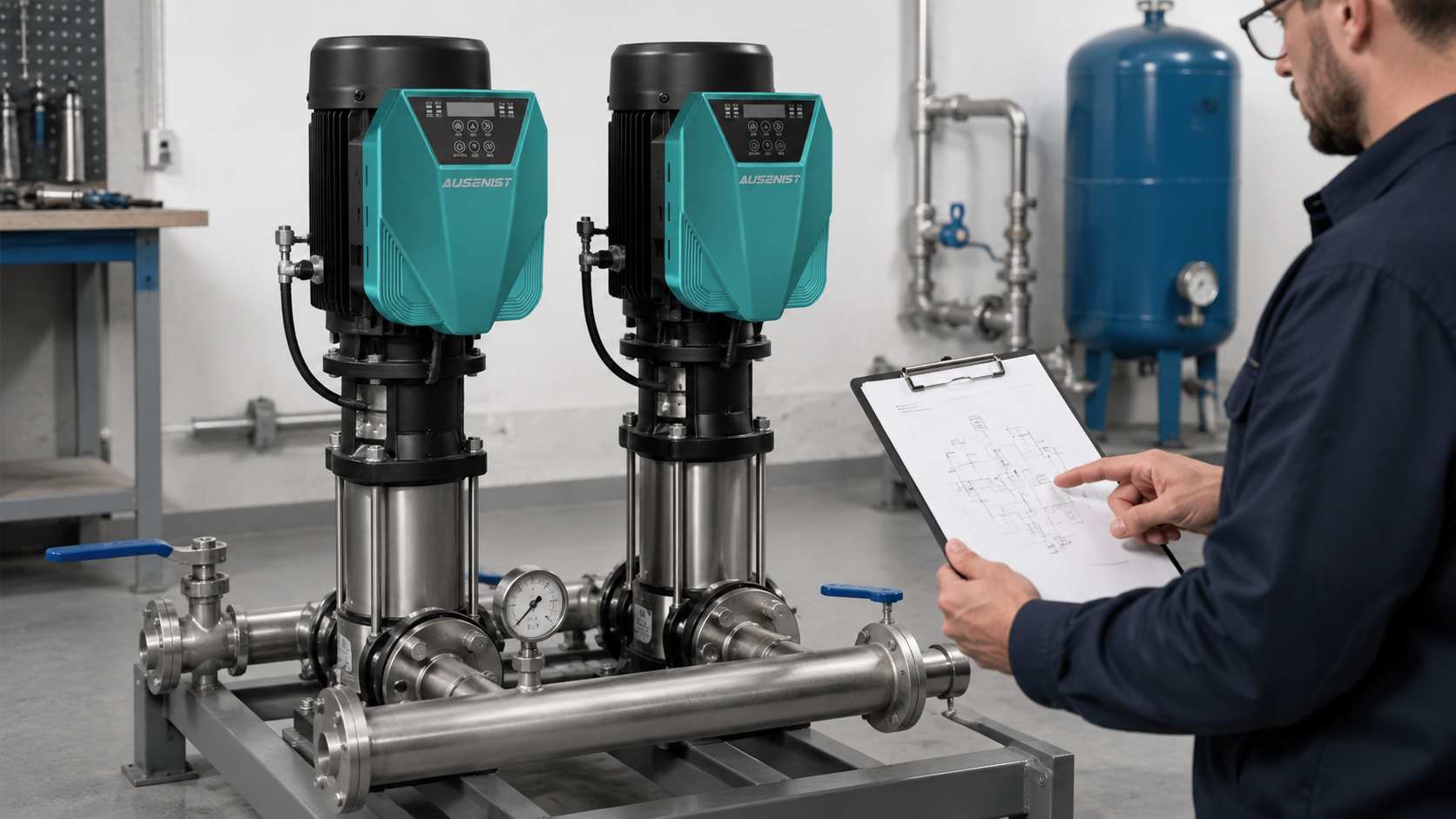 Two AUSENIST pump VFDs beside a clear two-pump control sequence during system integration