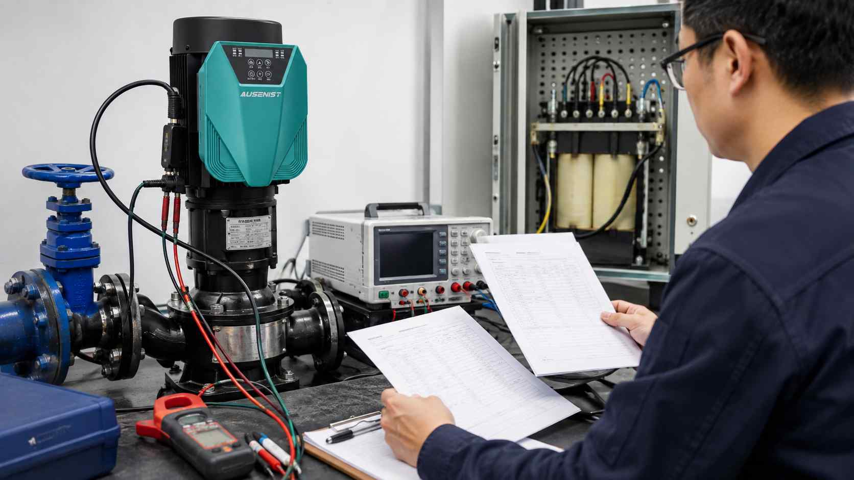 AUSENIST pump VFD beside verified input and motor voltage documents for a special-voltage project