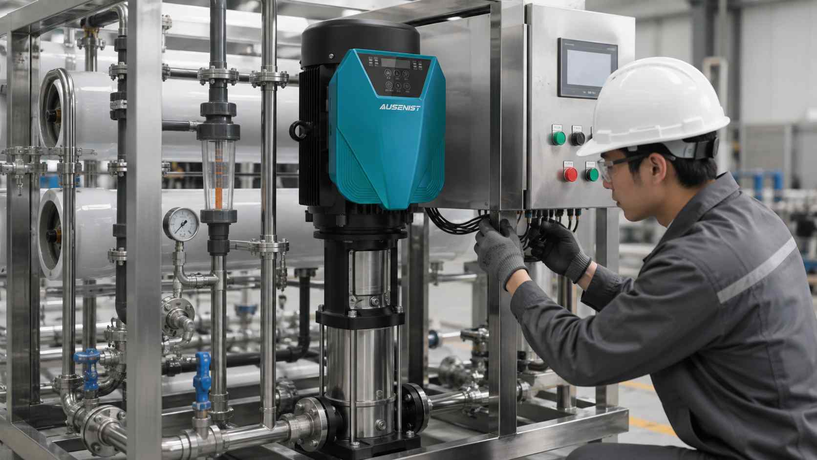 AUSENIST pump VFD integrated into a packaged water treatment skid during factory assembly