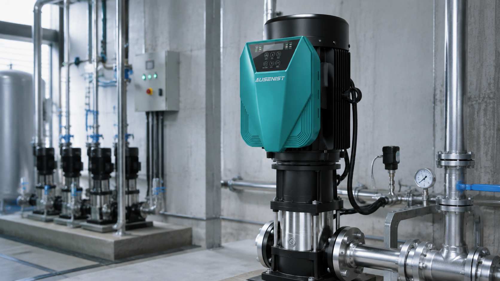 AUSENIST VFD reference solution for a 15kW booster pump in a commercial pump room