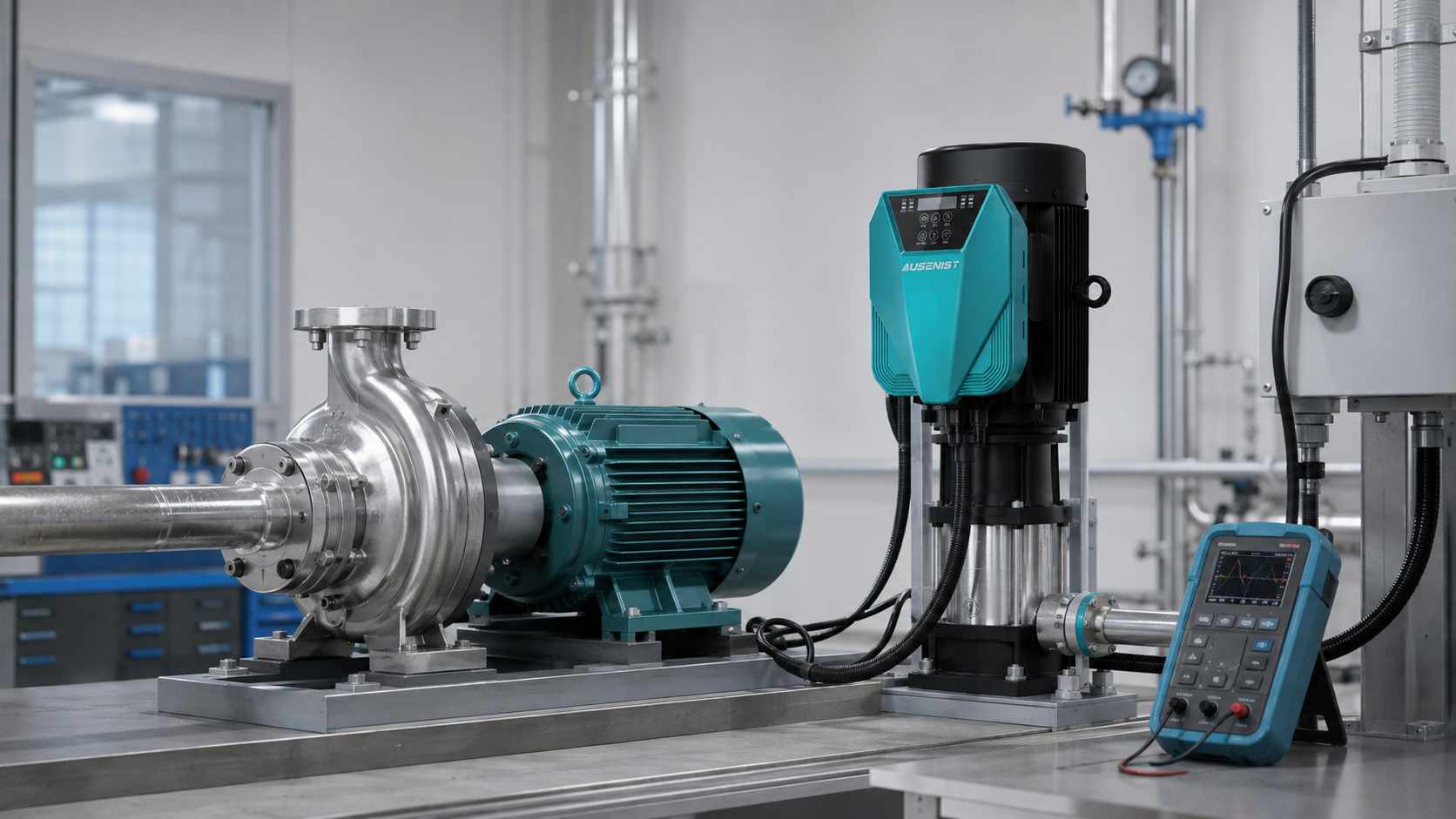 AUSENIST single-phase input VFD reference setup on a pump manufacturer test bench