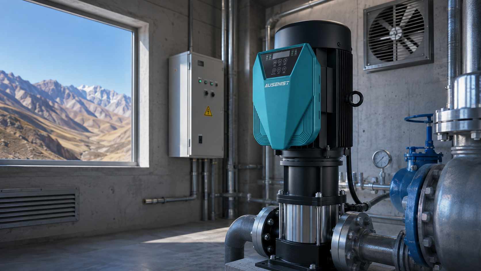 AUSENIST high-altitude water pump VFD reference installation in a mountain utility station