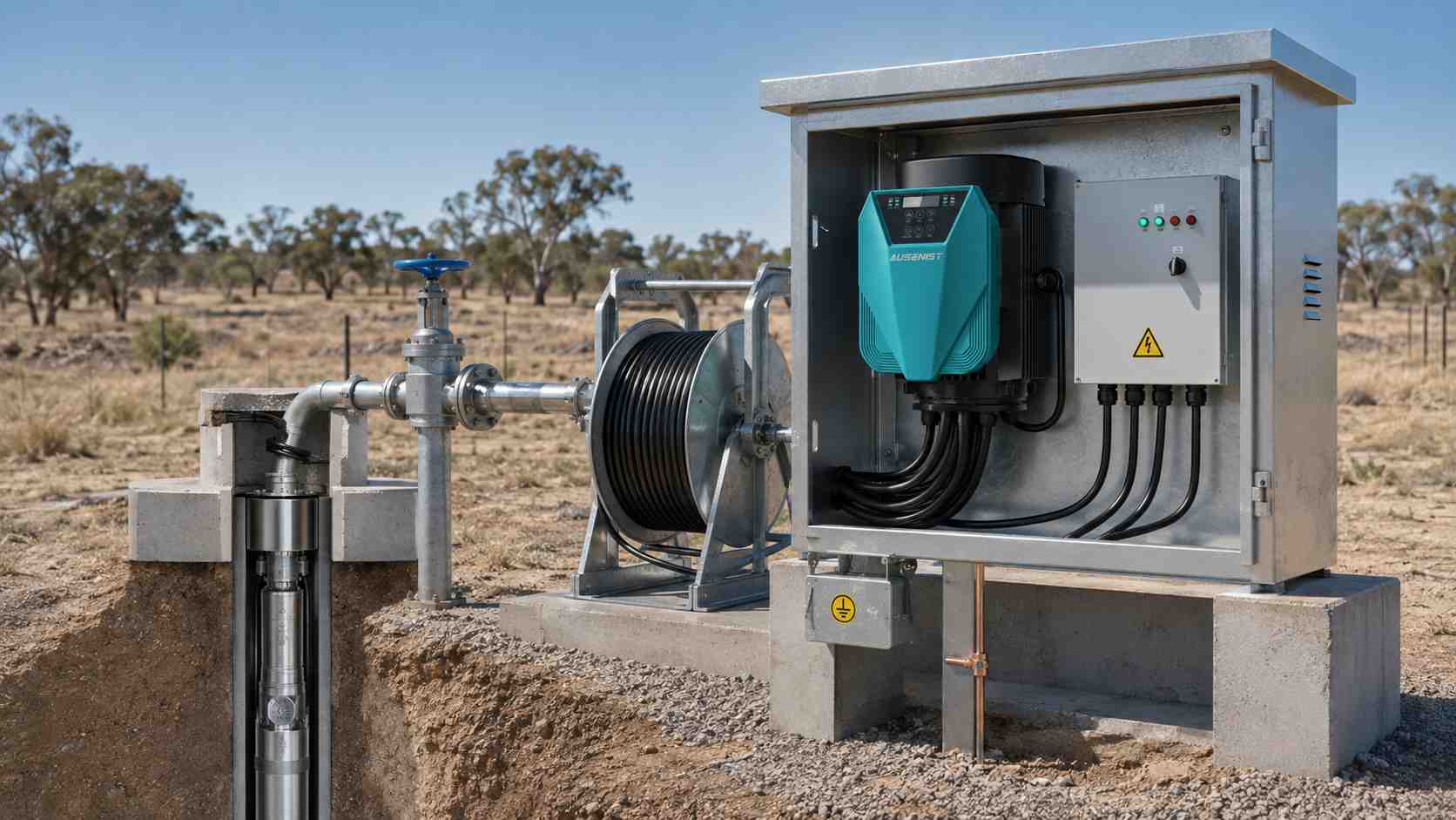 AUSENIST deep-well pump VFD reference installation with long-cable protection