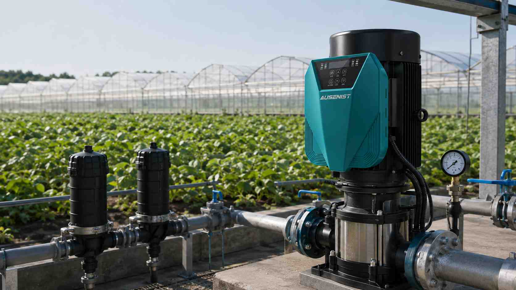AUSENIST 22kW irrigation pump VFD reference solution beside greenhouse fields