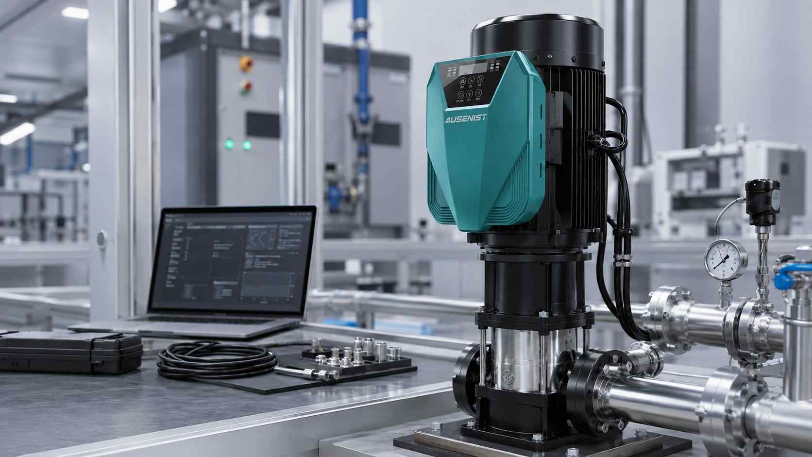 AUSENIST PMSM water pump VFD reference setup at an OEM pump validation station