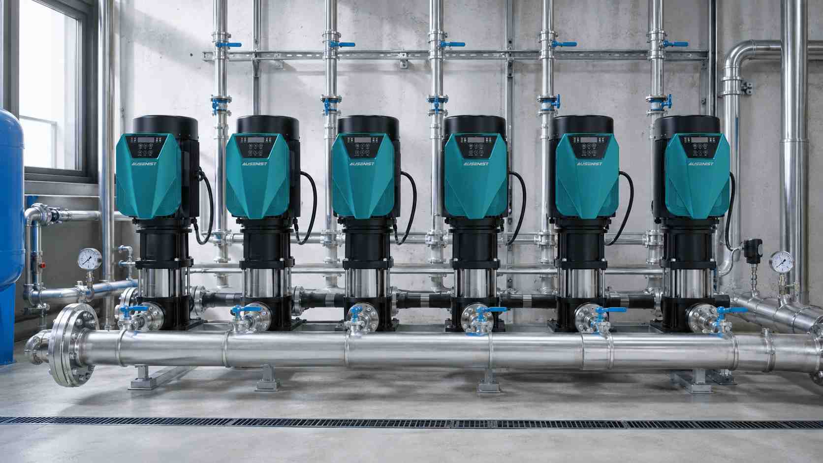 Six-pump constant-pressure booster system with AUSENIST YS620 pump-mounted VFDs